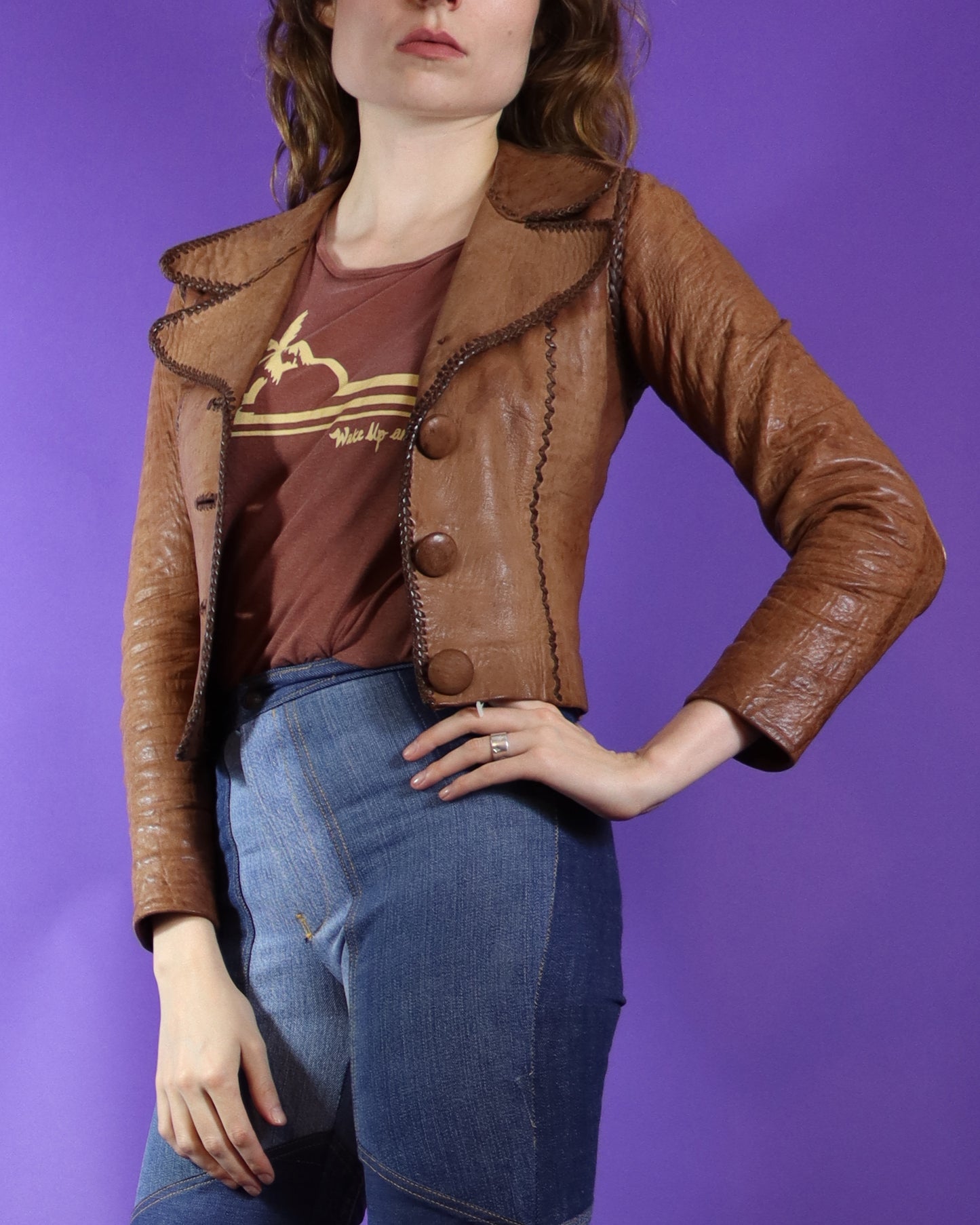 Vintage 1970s Cropped North Beach Leathers Brown Whipstitch Jacket