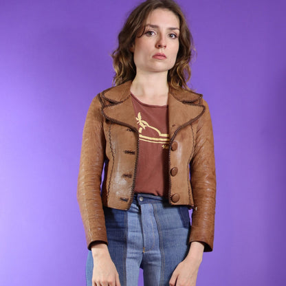 Vintage 1970s Cropped North Beach Leathers Brown Whipstitch Jacket