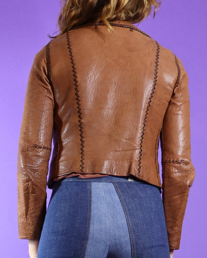 Vintage 1970s Cropped North Beach Leathers Brown Whipstitch Jacket