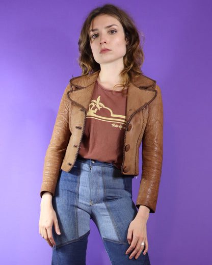 Vintage 1970s Cropped North Beach Leathers Brown Whipstitch Jacket