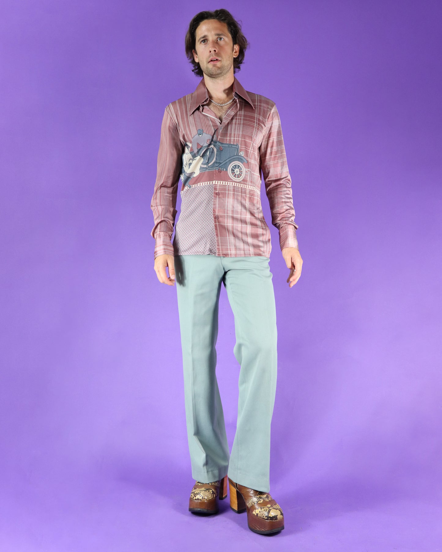 RARE Vintage 1970s Nik Nik Disco Shirt Art Deco Car Print