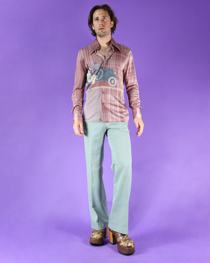 RARE Vintage 1970s Nik Nik Disco Shirt Art Deco Car Print