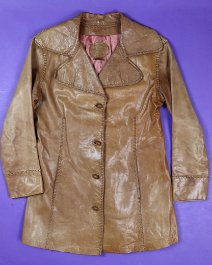 Vintage 1970s North Beach Leather Tan Whipstitch Coat