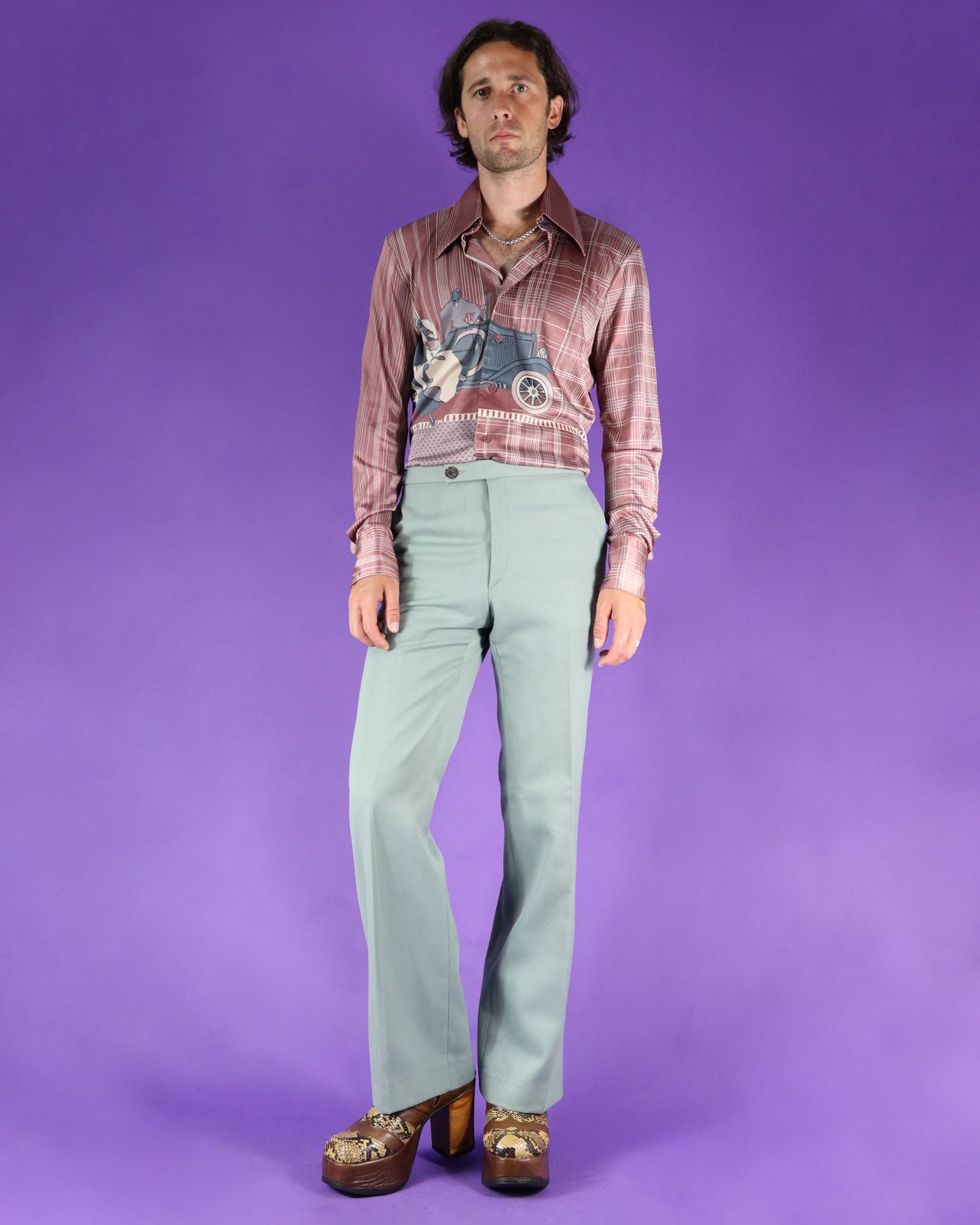 RARE Vintage 1970s Nik Nik Disco Shirt Art Deco Car Print