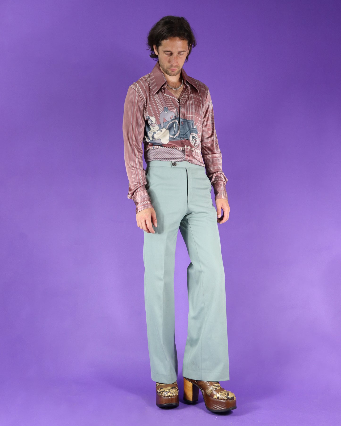 RARE Vintage 1970s Nik Nik Disco Shirt Art Deco Car Print