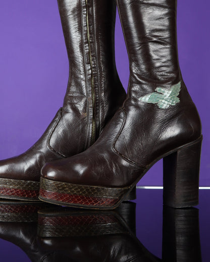 Vintage 1970s Chelsea Cobbler Snakeskin Trim Platform Boots UK 5