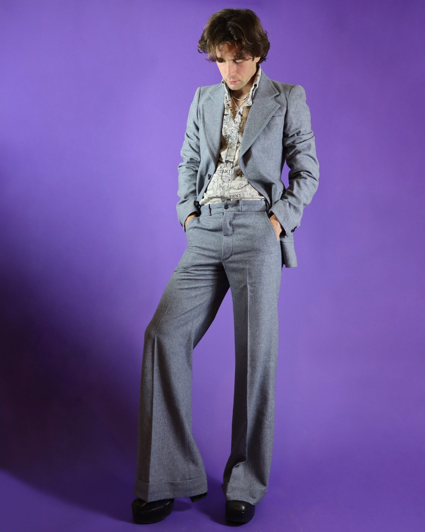 Vintage 1970s Take 6 Grey Wool Two Piece Suit with Flares