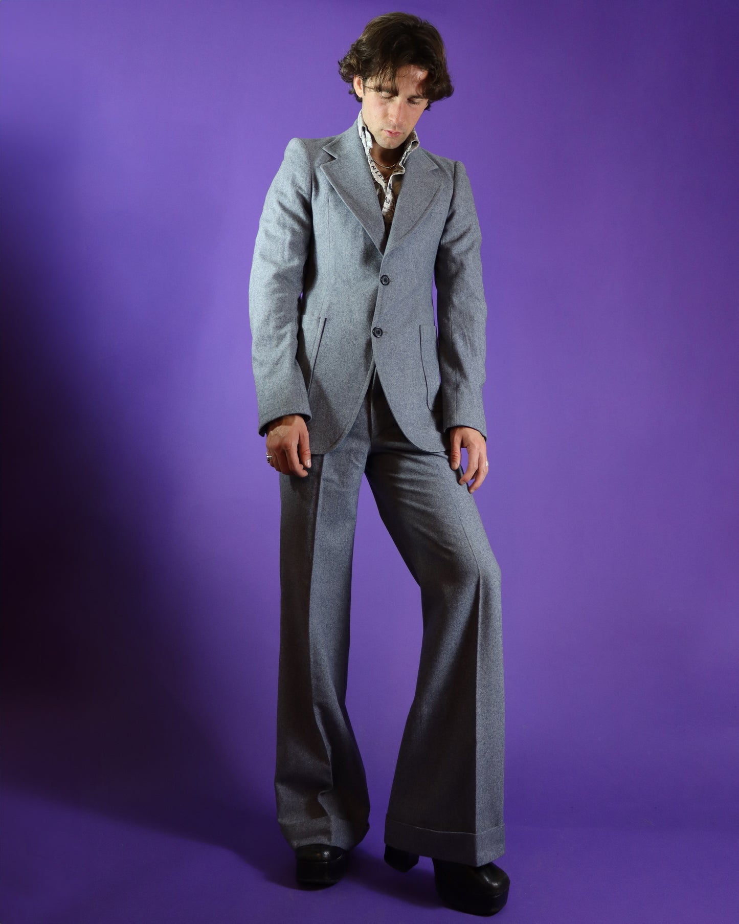 Vintage 1970s Take 6 Grey Wool Two Piece Suit with Flares