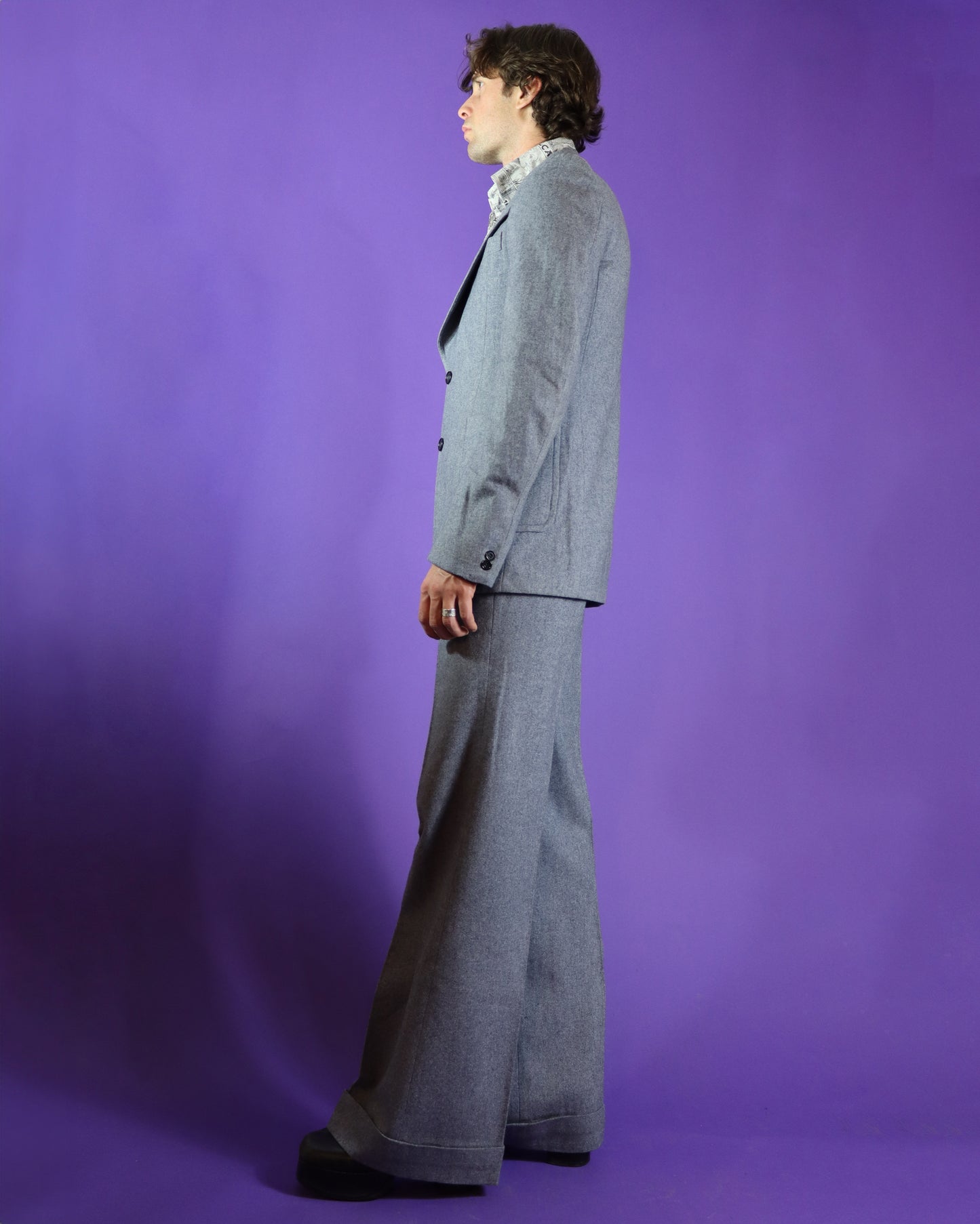 Vintage 1970s Take 6 Grey Wool Two Piece Suit with Flares