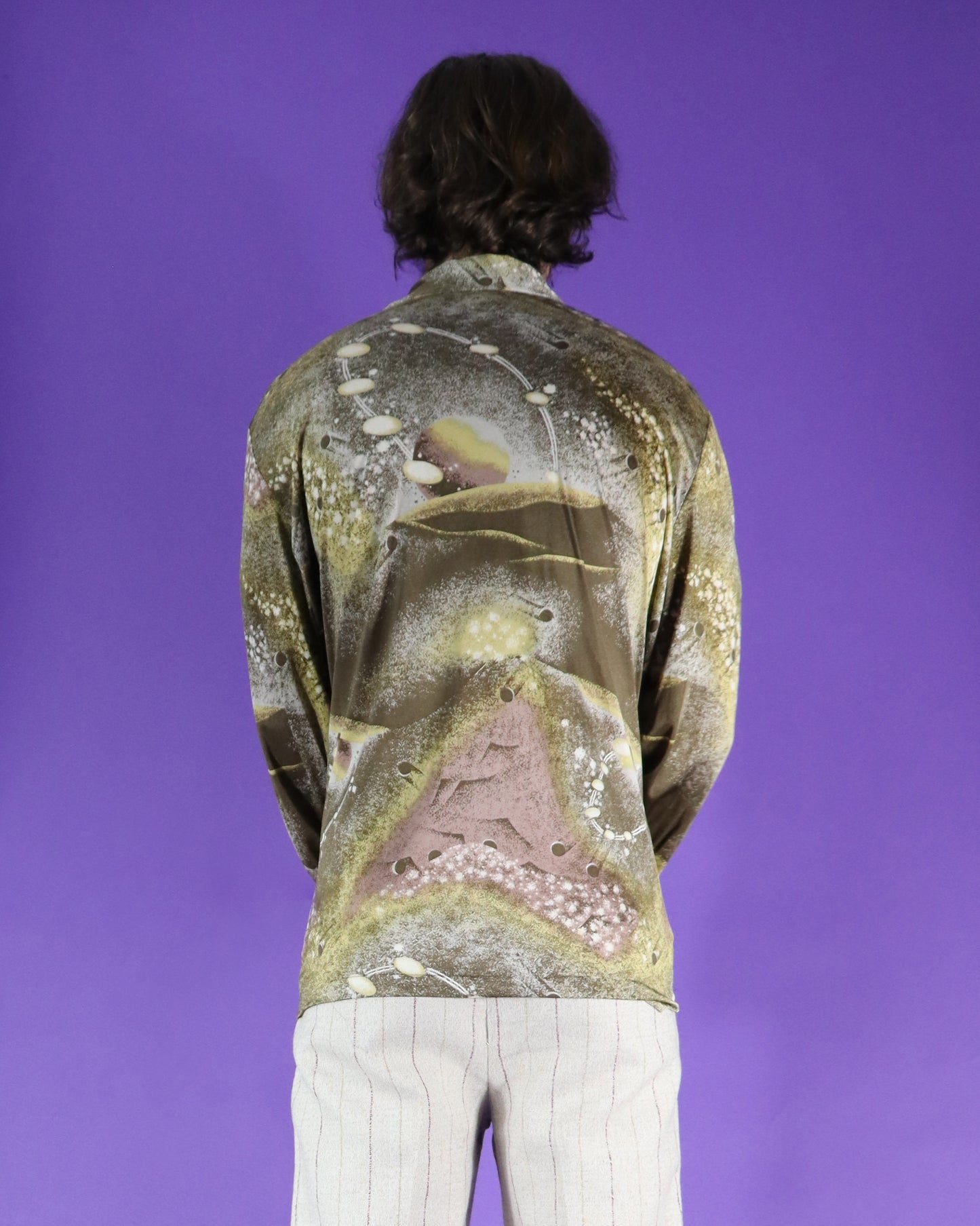 Vintage 1970s Disco Shirt Space Age Planets Print