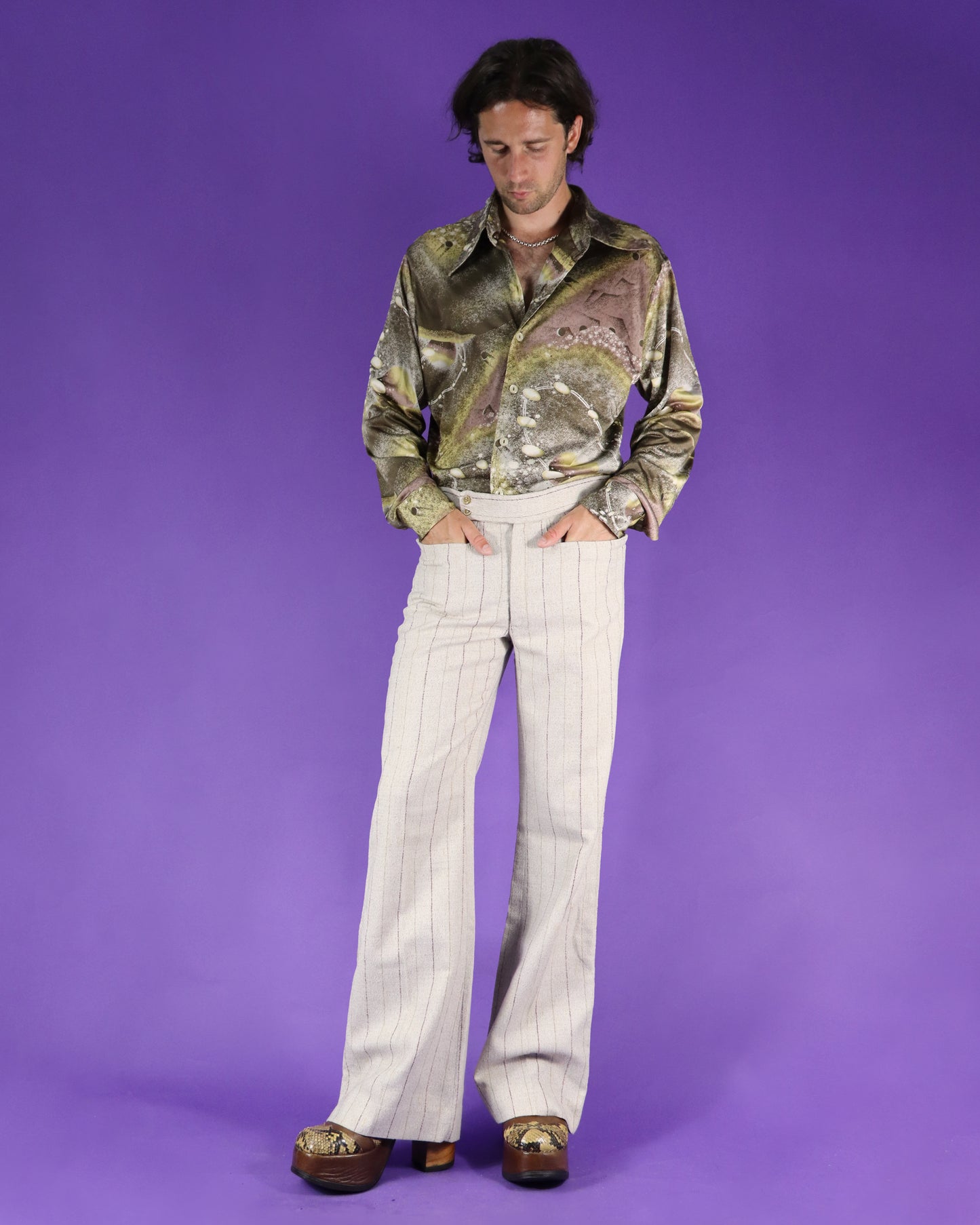 Vintage 1970s Disco Shirt Space Age Planets Print