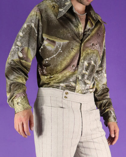 Vintage 1970s Disco Shirt Space Age Planets Print