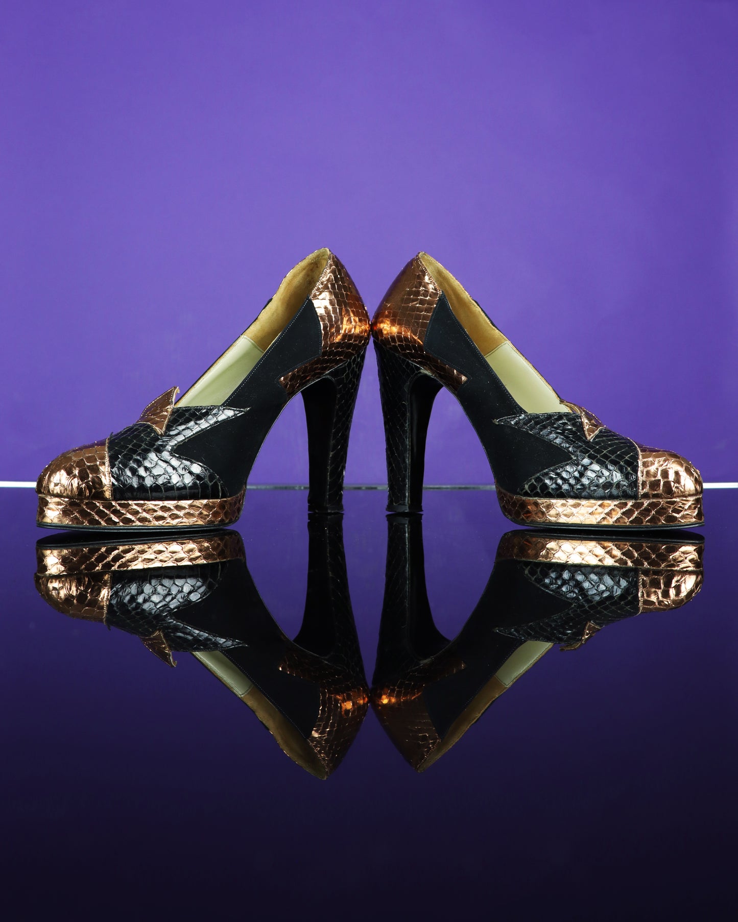 Vintage 1970s Terry De Havilland Snakeskin Black and Gold Shoes