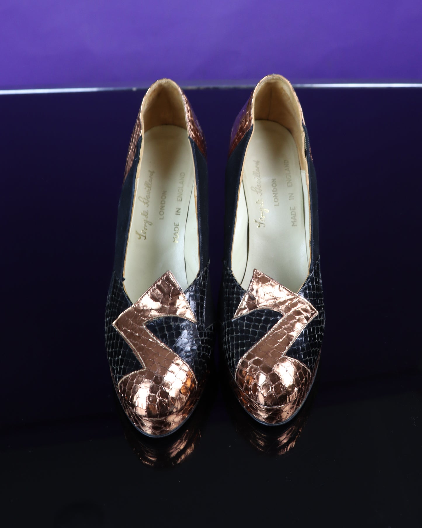 Vintage 1970s Terry De Havilland Snakeskin Black and Gold Shoes