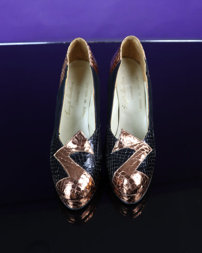 Vintage 1970s Terry De Havilland Snakeskin Black and Gold Shoes