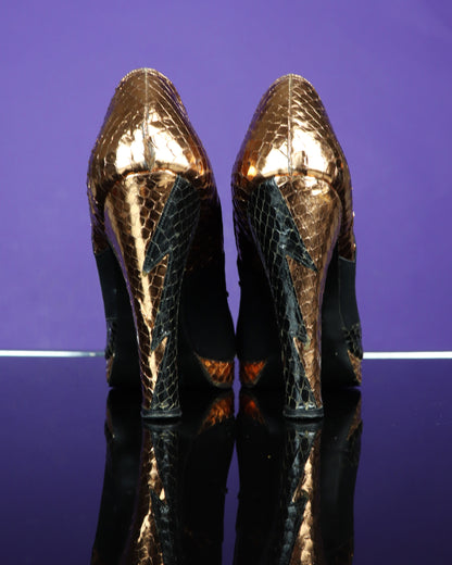 Vintage 1970s Terry De Havilland Snakeskin Black and Gold Shoes