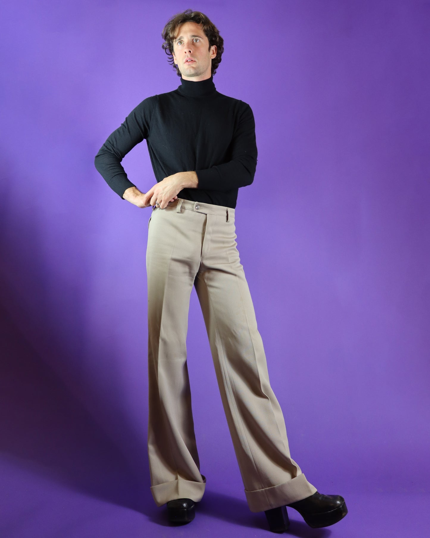 Vintage 1970s Beige Tailored Turned Up Flares Trousers