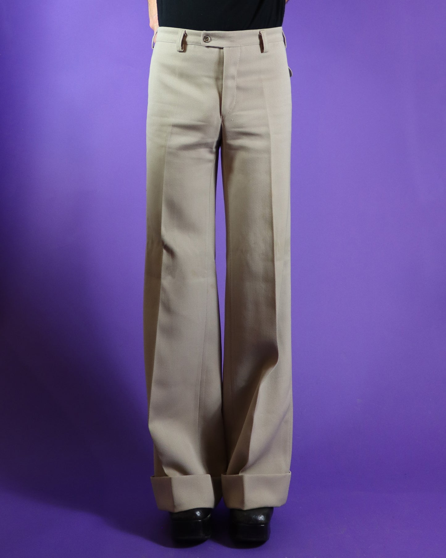 Vintage 1970s Beige Tailored Turned Up Flares Trousers