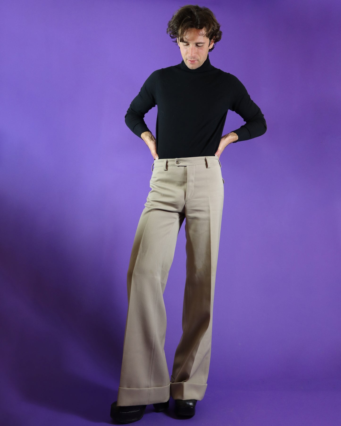 Vintage 1970s Beige Tailored Turned Up Flares Trousers