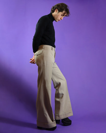 Vintage 1970s Beige Tailored Turned Up Flares Trousers