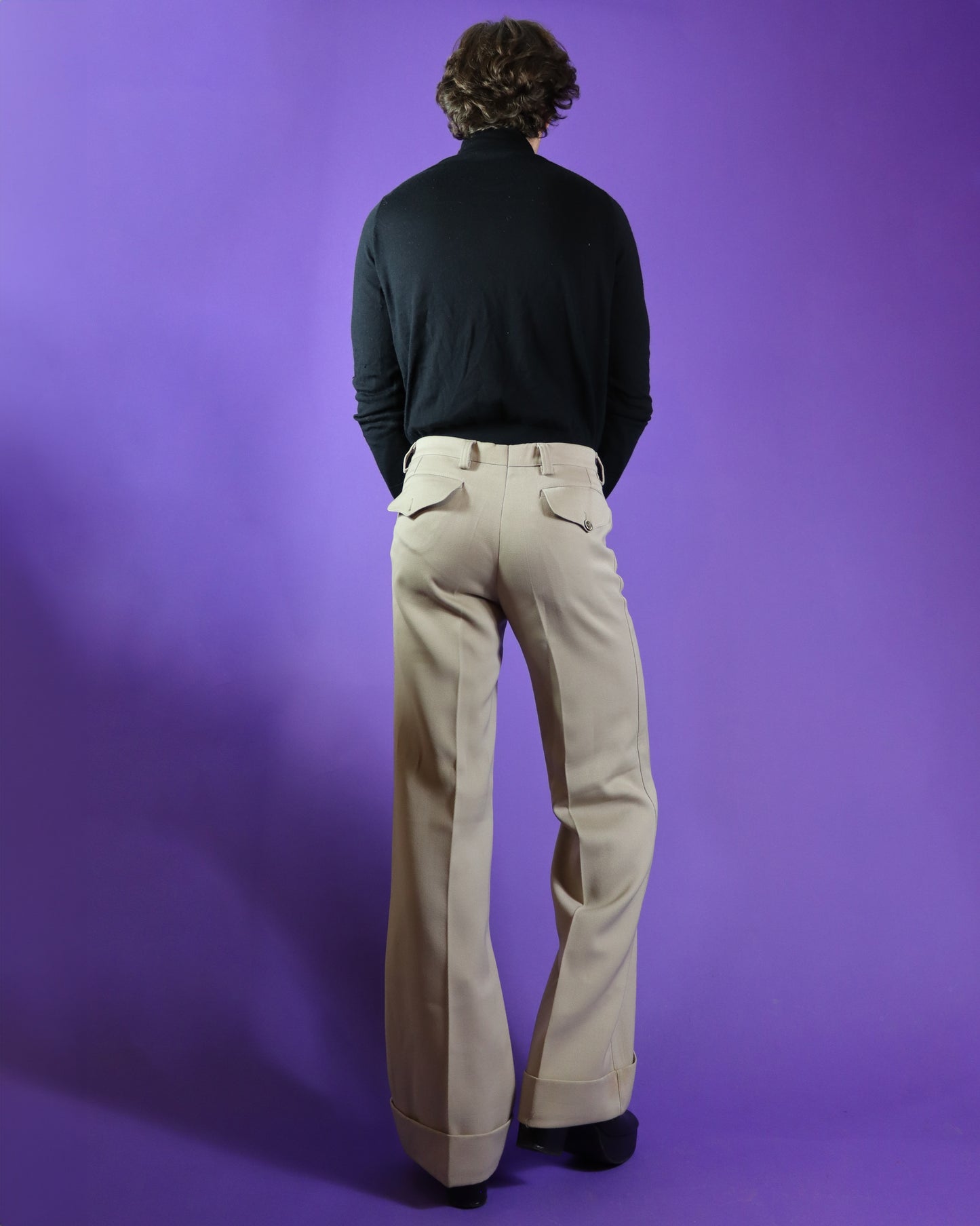 Vintage 1970s Beige Tailored Turned Up Flares Trousers