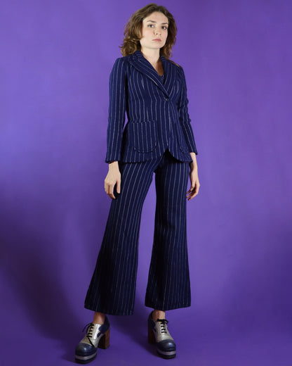 Vintage 1970s 3 Piece Navy Blue Pinstripe Suit with Patches