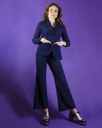 Vintage 1970s 3 Piece Navy Blue Pinstripe Suit with Patches