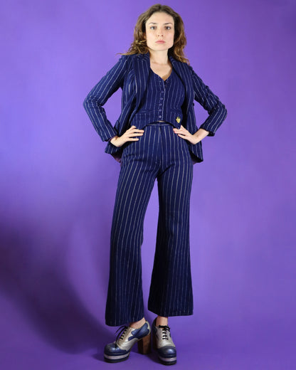 Vintage 1970s 3 Piece Navy Blue Pinstripe Suit with Patches