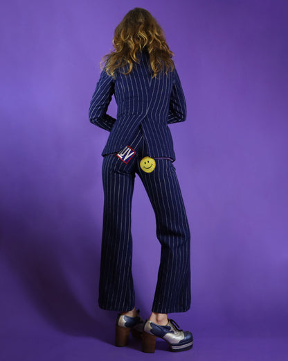 Vintage 1970s 3 Piece Navy Blue Pinstripe Suit with Patches