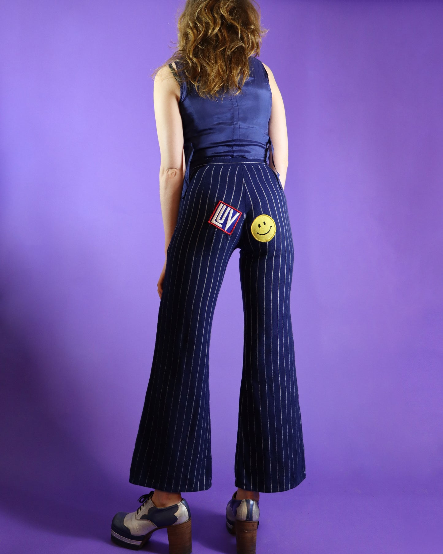 Vintage 1970s 3 Piece Navy Blue Pinstripe Suit with Patches