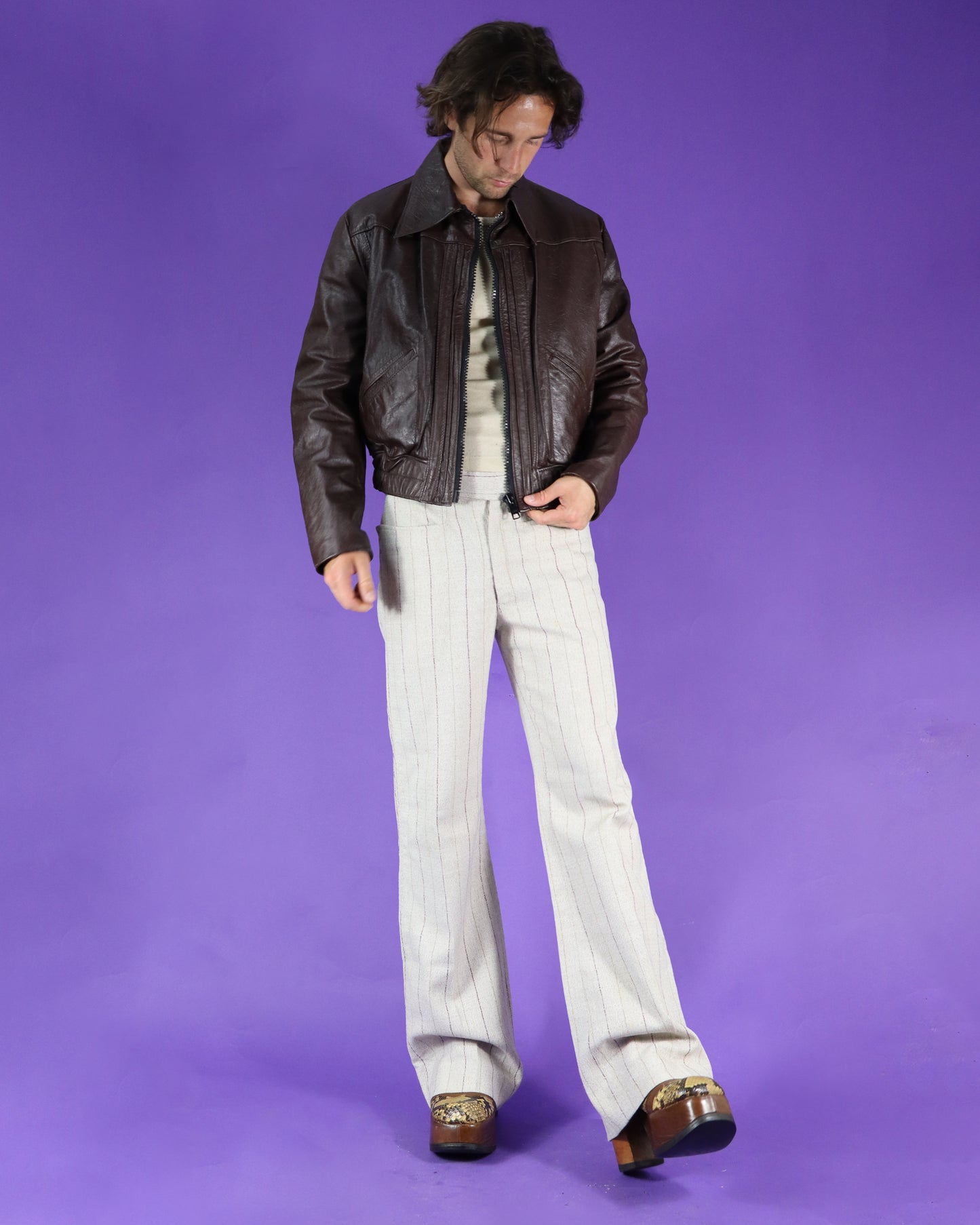 Vintage 1970s Brown Leather Bomber Jacket