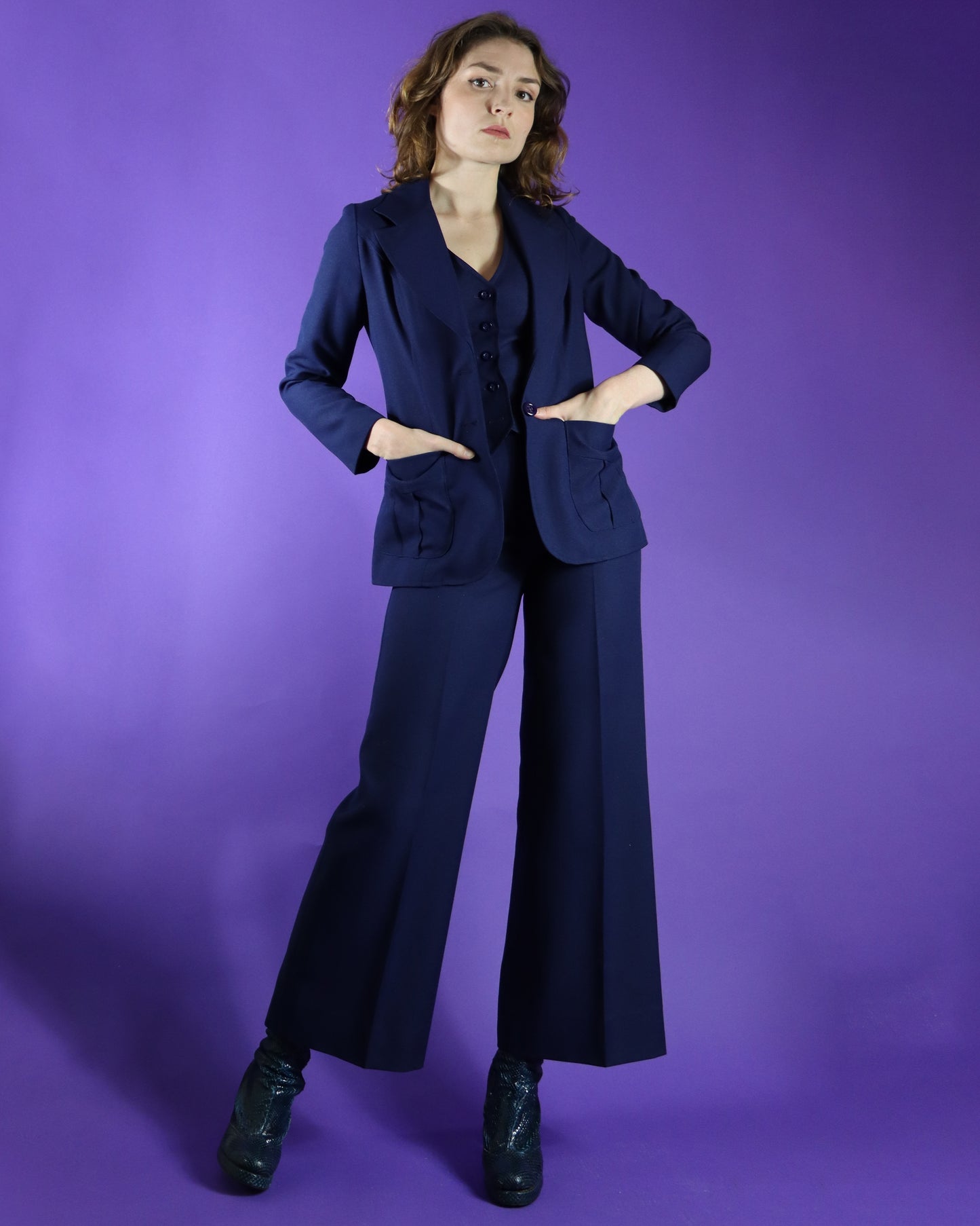 Vintage 1970s Navy Blue 4 piece College Town Pant Skirt Suit