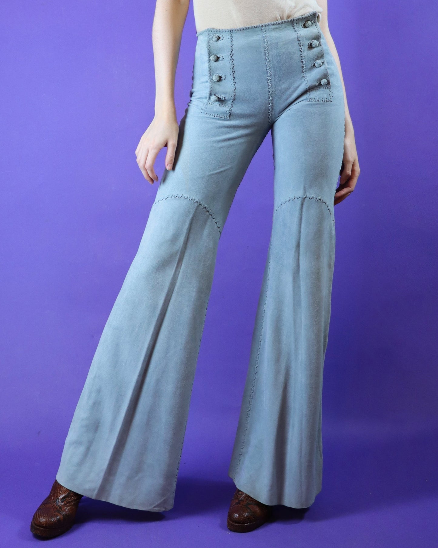 Vintage 1970s North Beach Leathers Pale Blue Suede Whipstitch Suit