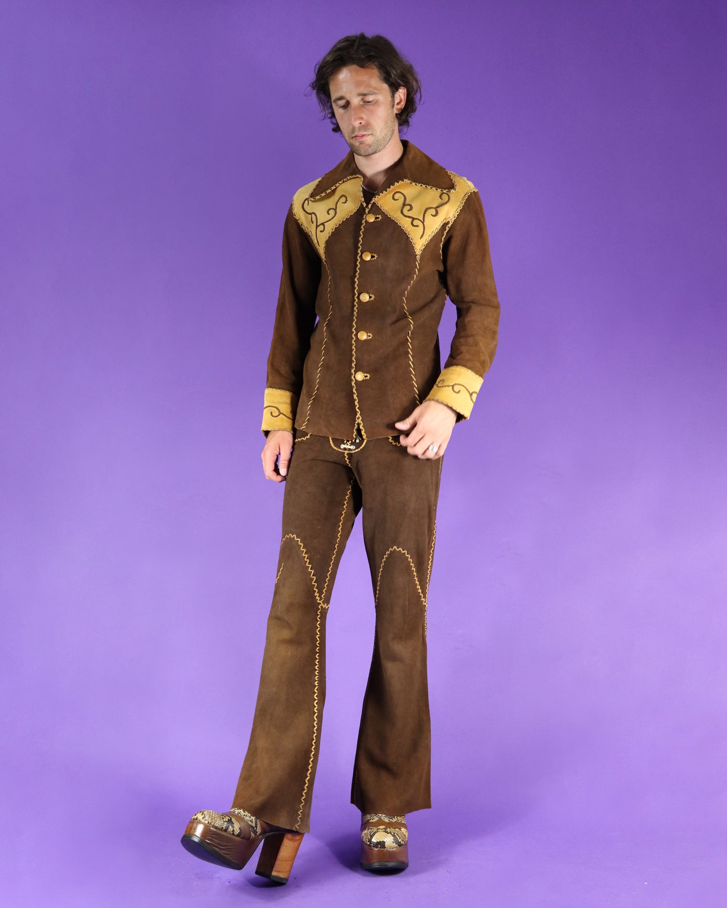 RARE Vintage 1970s North Beach Leather Suede Two Tone Whipstitch Suit