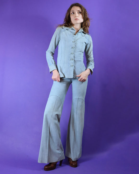 Vintage 1970s North Beach Leathers Pale Blue Suede Whipstitch Suit