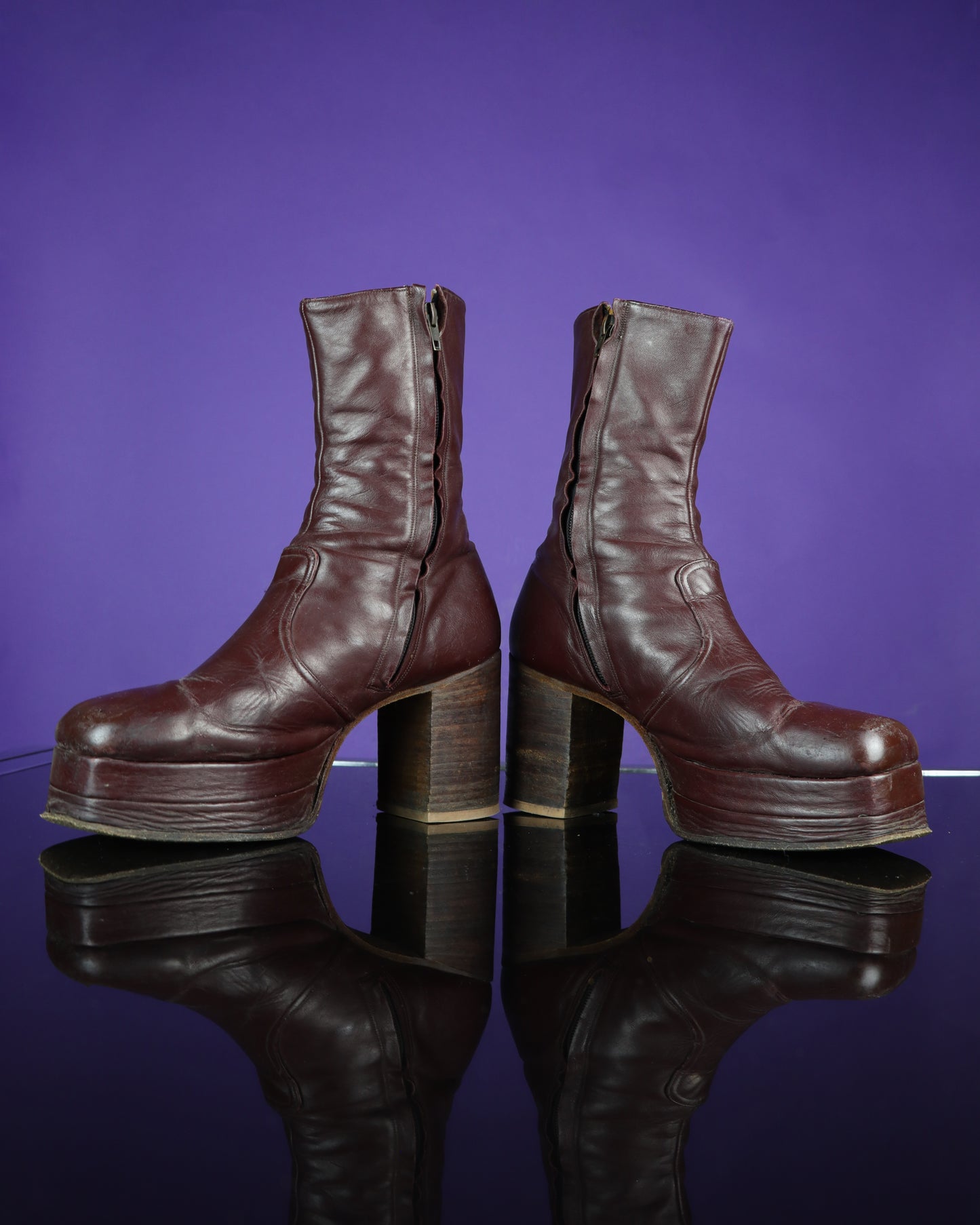 Vintage 1970s Burgundy Leather Platform Boots Stacked Heel RARE
