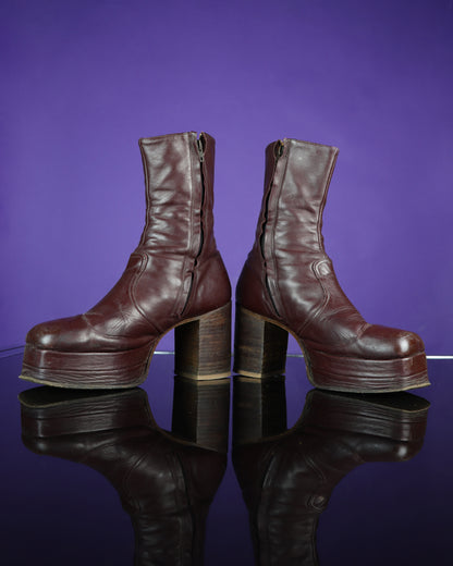 Vintage 1970s Burgundy Leather Platform Boots Stacked Heel RARE