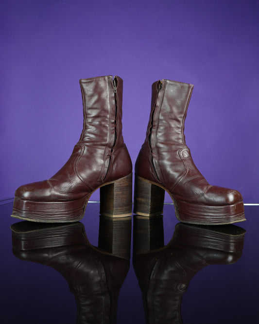 Vintage 1970s Burgundy Leather Platform Boots Stacked Heel RARE