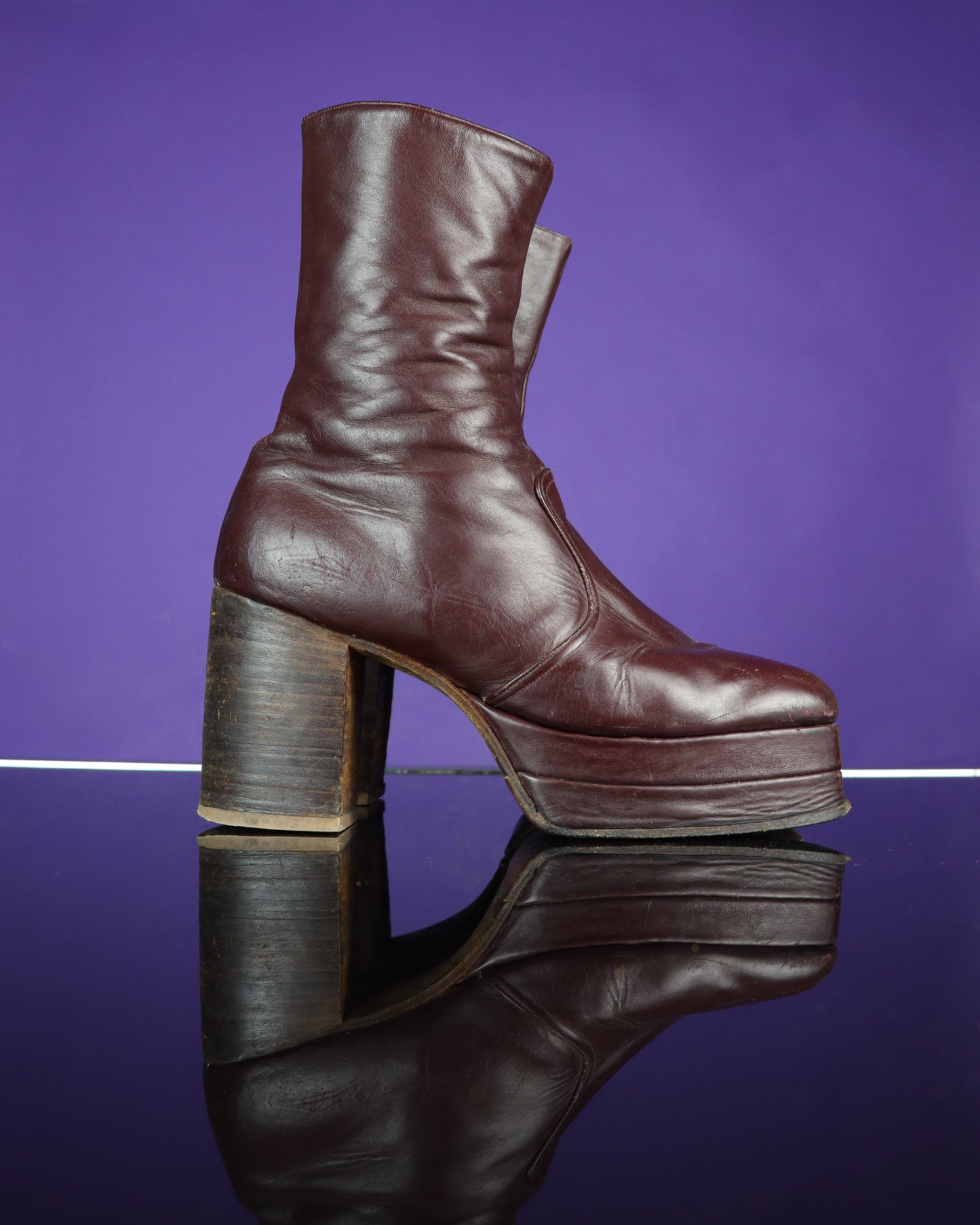 Vintage 1970s Burgundy Leather Platform Boots Stacked Heel RARE