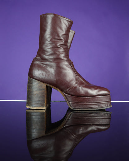 Vintage 1970s Burgundy Leather Platform Boots Stacked Heel RARE