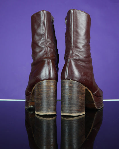 Vintage 1970s Burgundy Leather Platform Boots Stacked Heel RARE