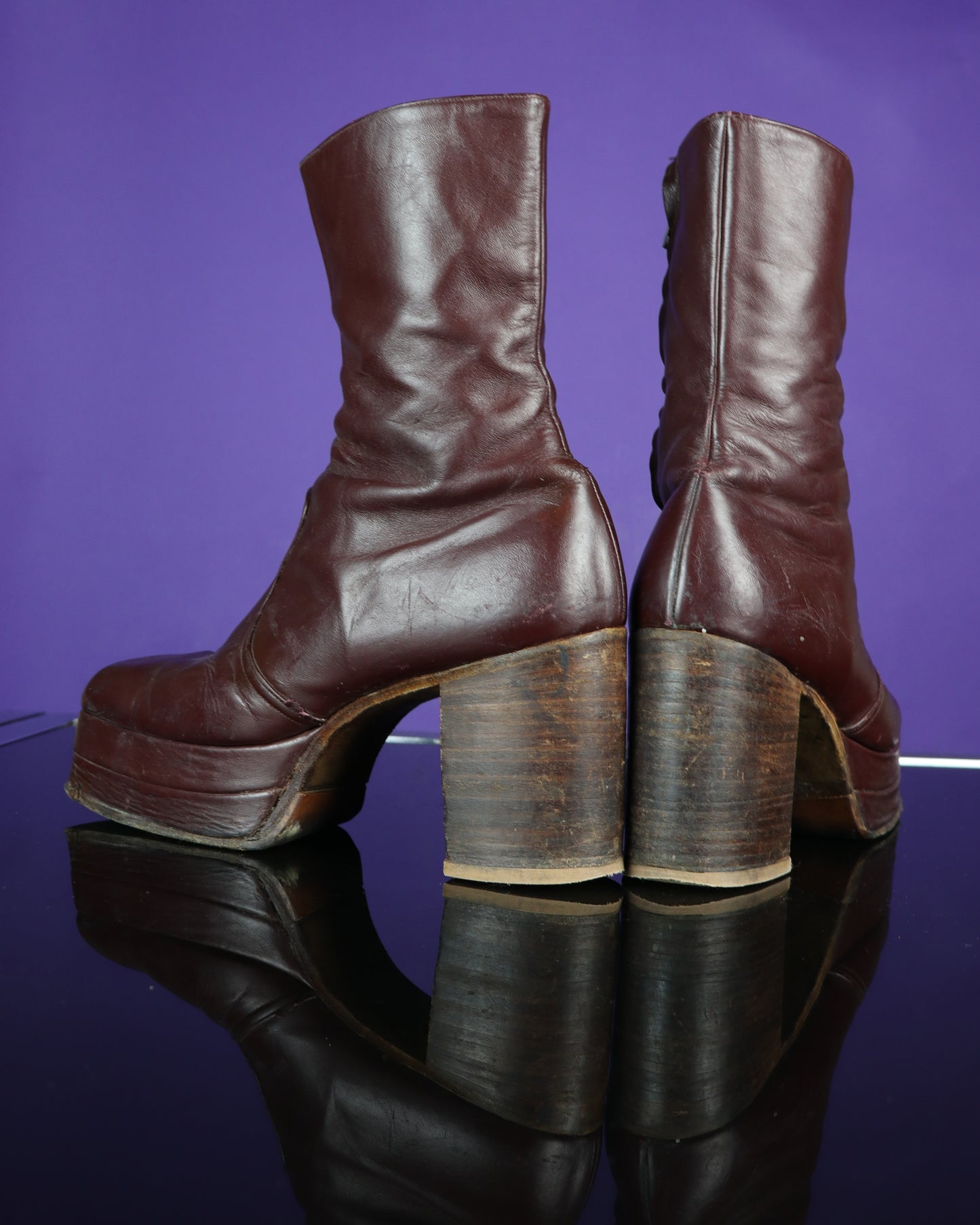 Vintage 1970s Burgundy Leather Platform Boots Stacked Heel RARE