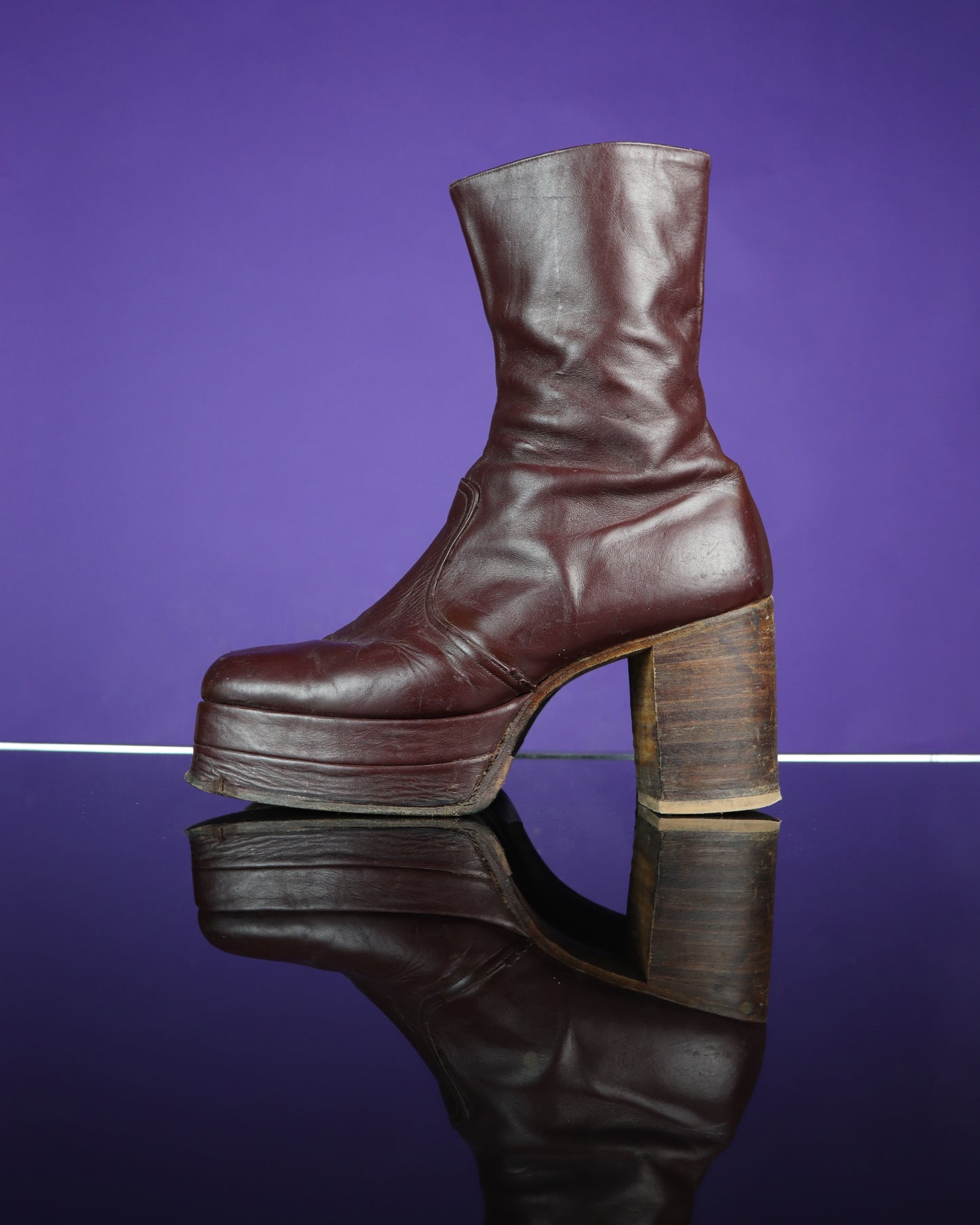 Vintage 1970s Burgundy Leather Platform Boots Stacked Heel RARE