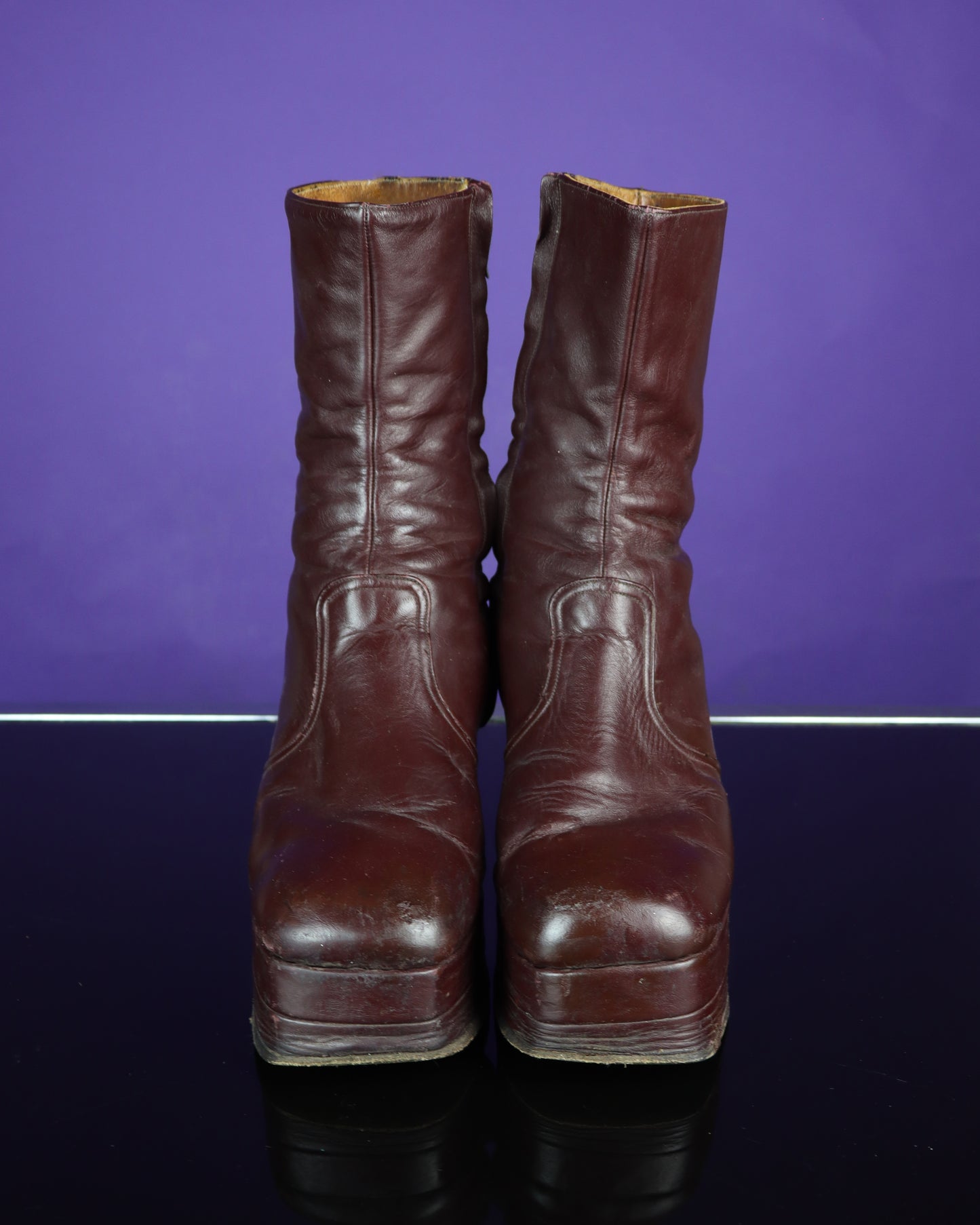 Vintage 1970s Burgundy Leather Platform Boots Stacked Heel RARE