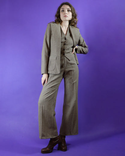 RESERVED Vintage 1970s Happy Legs Tweed 3 Piece Suit with Patchwork Flares