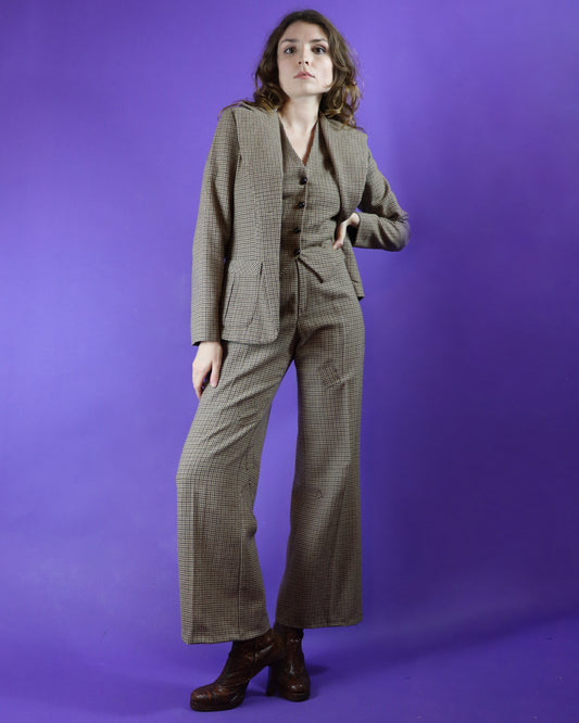 RESERVED Vintage 1970s Happy Legs Tweed 3 Piece Suit with Patchwork Flares