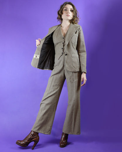 RESERVED Vintage 1970s Happy Legs Tweed 3 Piece Suit with Patchwork Flares