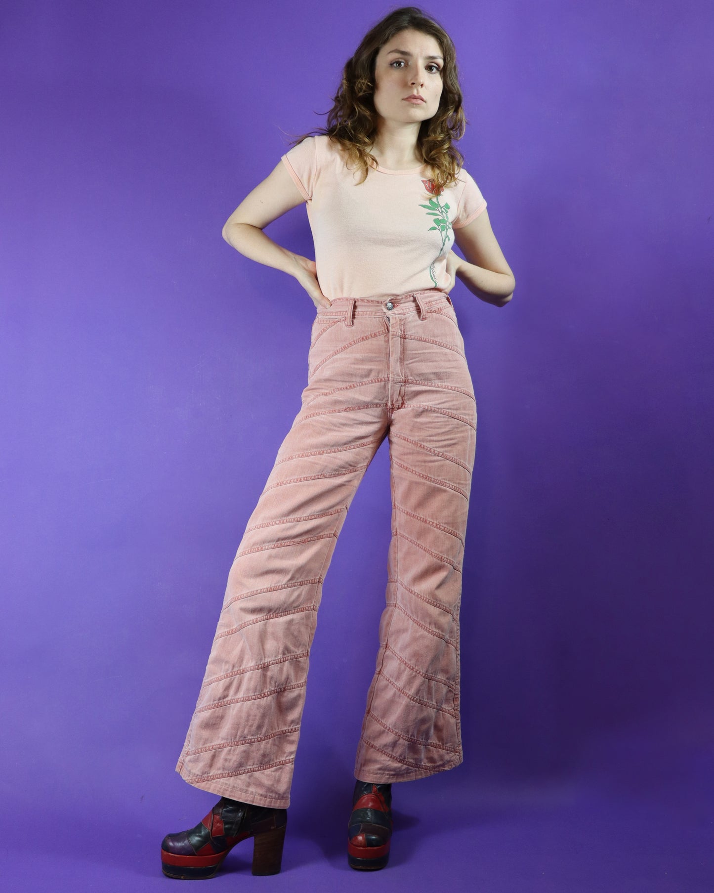 Vintage 1970s Faded Glory Pink Patchwork Denim Flares