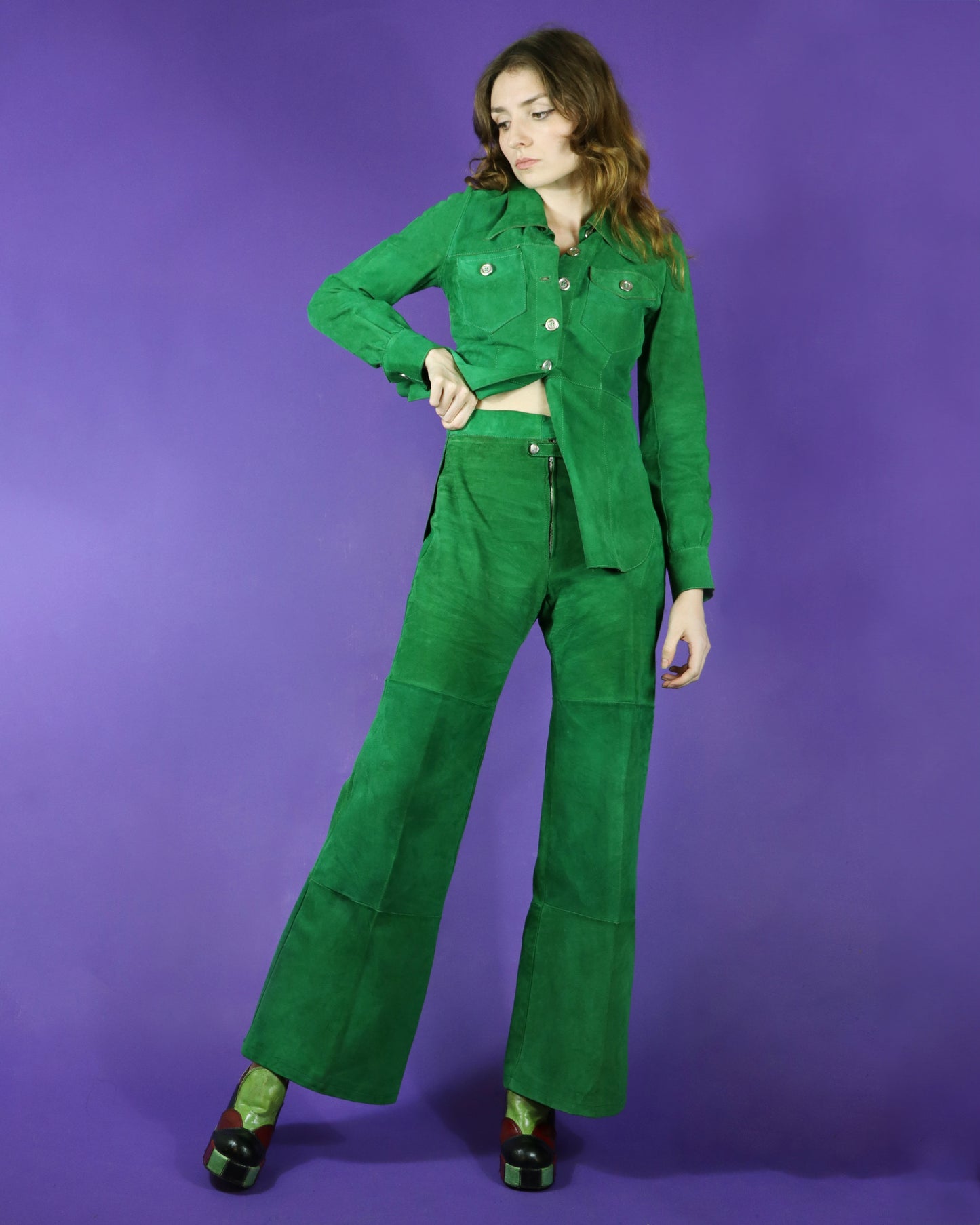 Vintage 1970s Emerald Suede Pant Suit