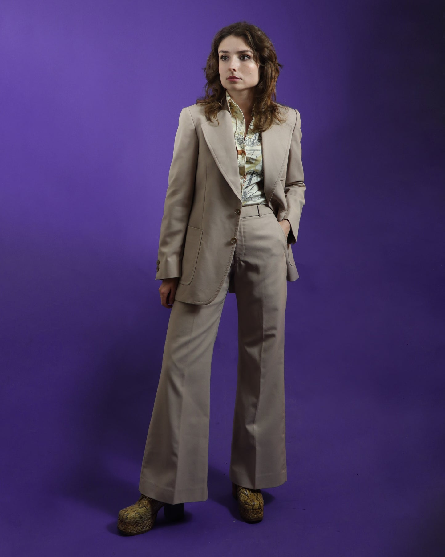 Vintage 1970s Beige Trouser Suit with Flares